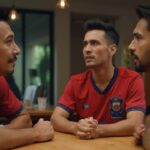 Tres hombres jóvenes con camisetas deportivas rojas conversando.