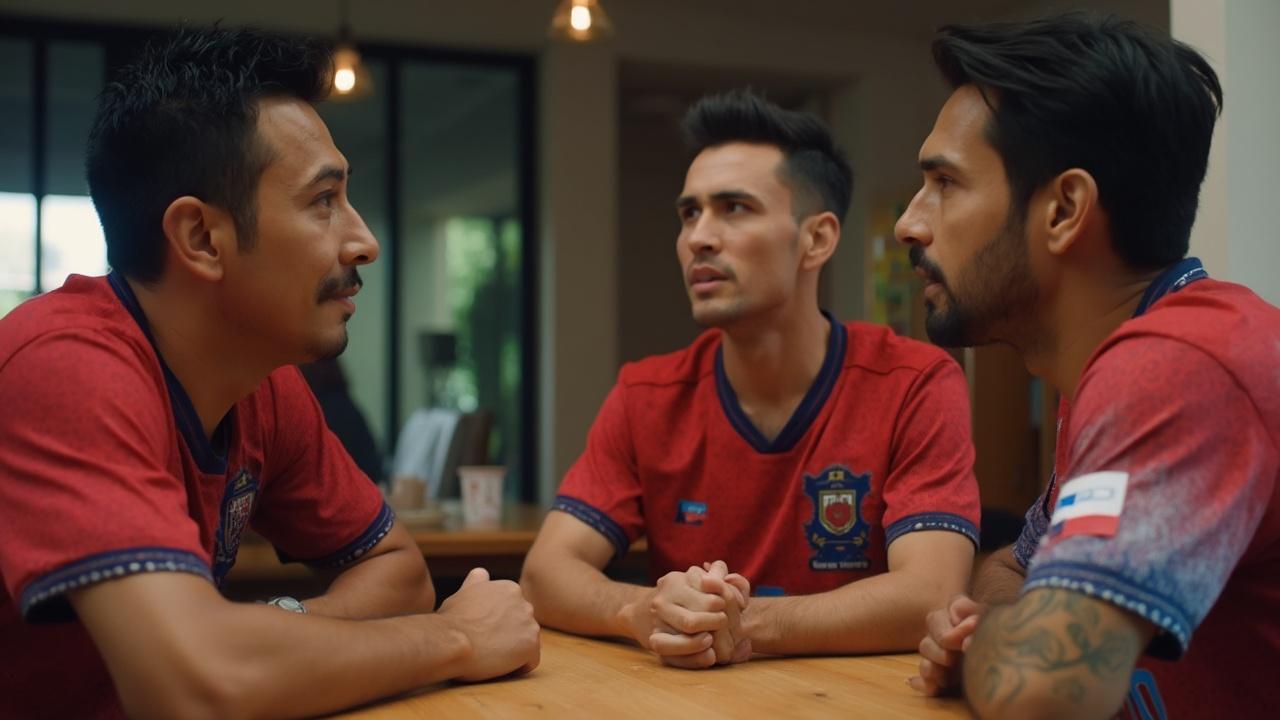 Tres hombres jóvenes con camisetas deportivas rojas conversando.